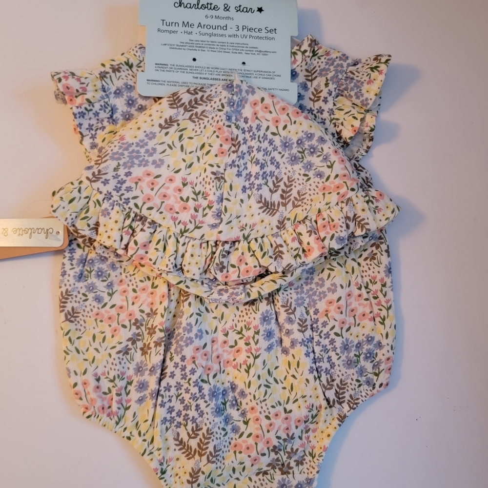 Charlotte & Star Floral Romper Hat Set Sunglasses 3 Piece Set Boutique Baby - Picture 6 of 6